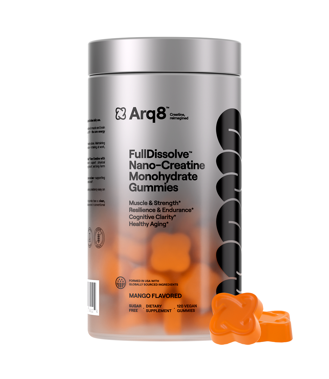 Container of Arq8 FullDissolve Nano-Creatine Monohydrate Gummies with a gummy on a white background