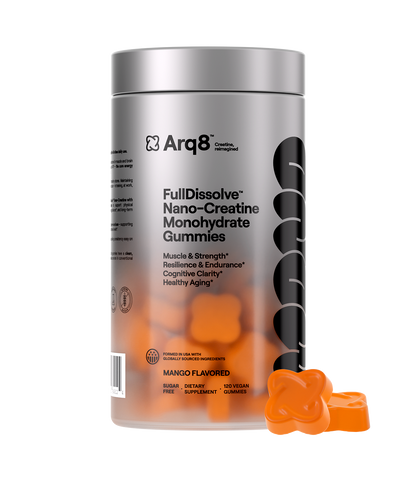 Container of Arq8 FullDissolve Nano-Creatine Monohydrate Gummies with a gummy on a white background