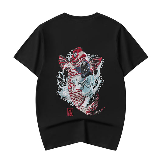 Red Koi Wave Rider Embroidered Tee, product photo