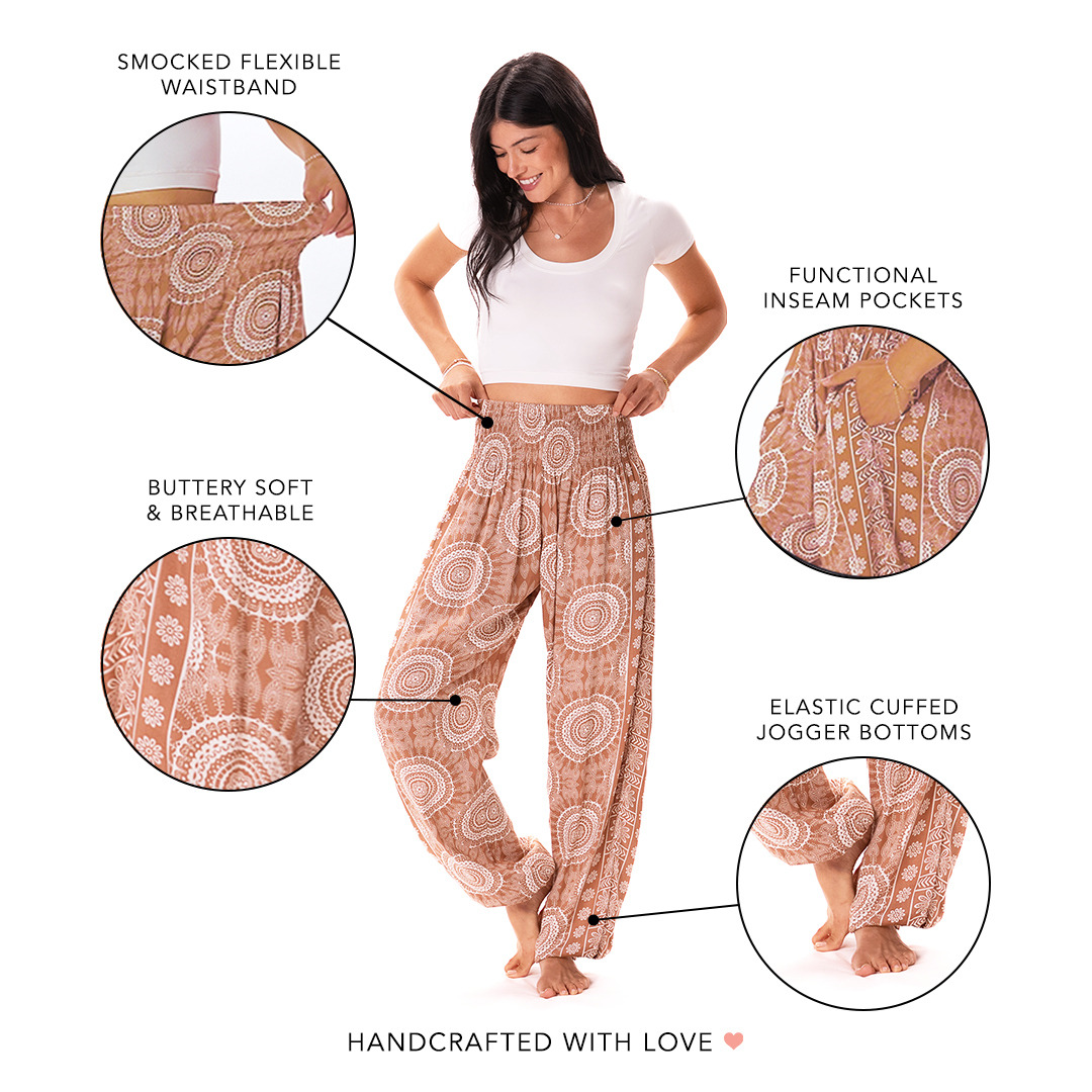Woman wearing patterned pants with close-up details on a white background