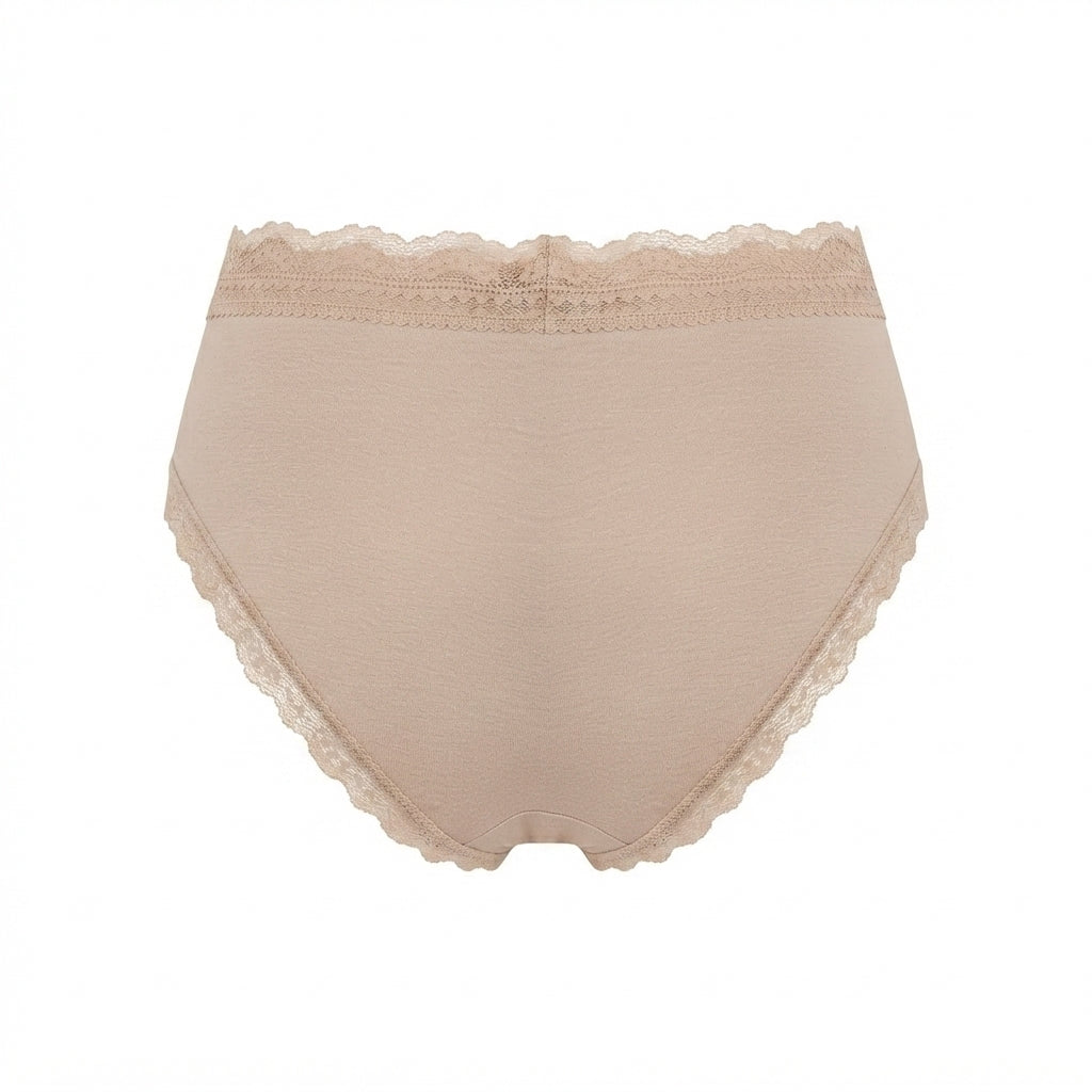 Beige high-waisted briefs with delicate lace trim along the waistband and leg openings, shown against a plain white background.