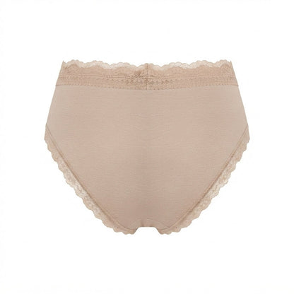 Beige high-waisted briefs with delicate lace trim along the waistband and leg openings, shown against a plain white background.