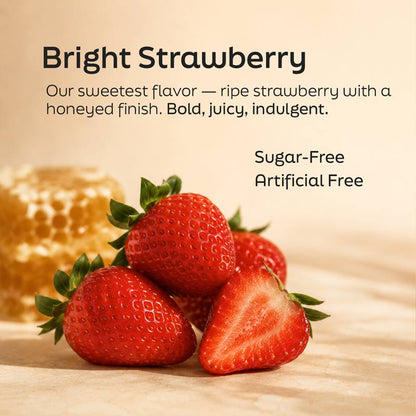 Strawberries with a honeyed finish on a wooden surface, labeled as 'Bright Strawberry' with text about flavor and ingredients.