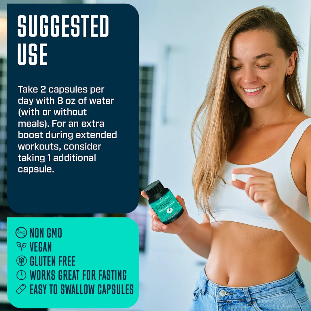 Woman holding a supplement bottle with text about suggested use and product features.