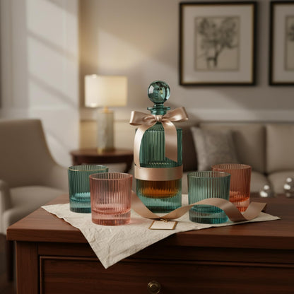 Decorative bottle with ribbons and glasses on a wooden table in a living room setting