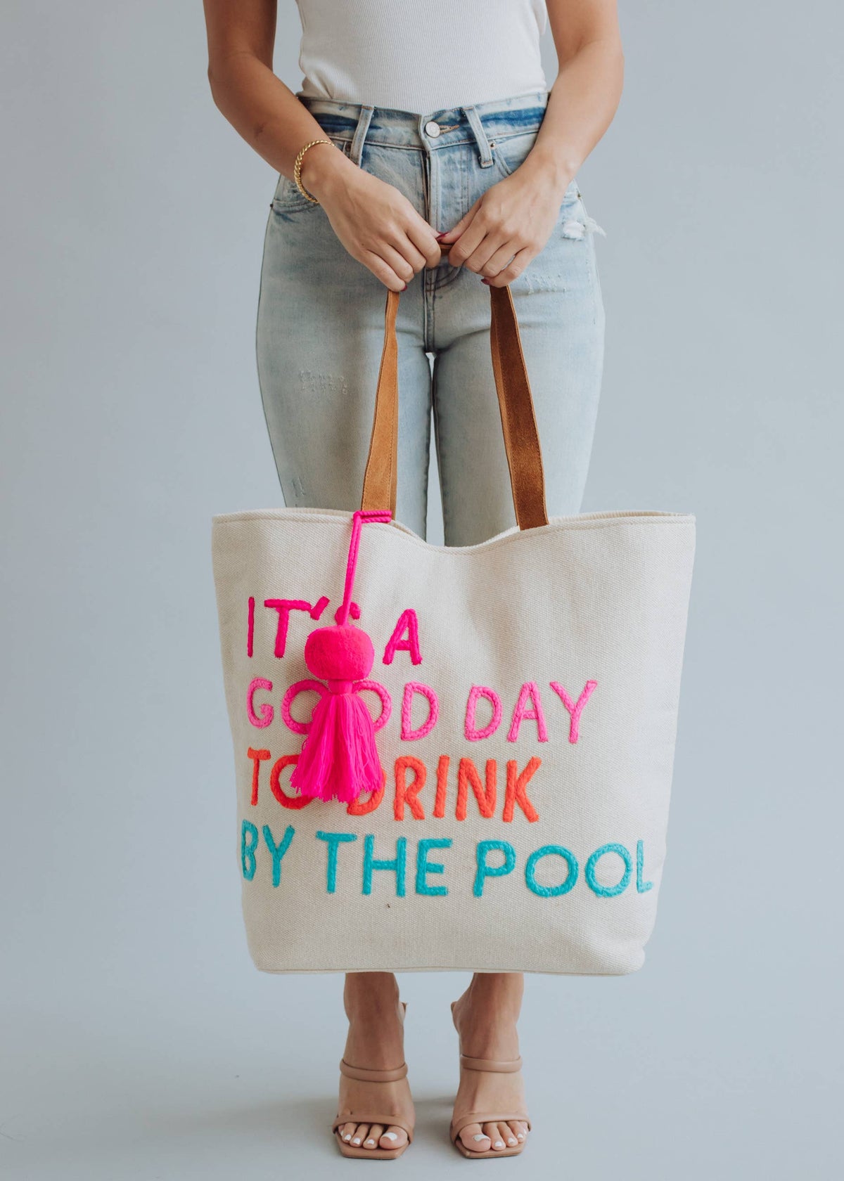 Poolside Bliss Printed Cotton Tote in Cream, another angle