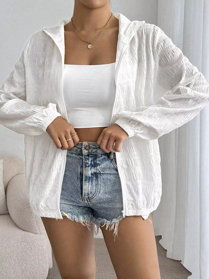 Lightweight Textured Hooded Jacket in White, styled photo