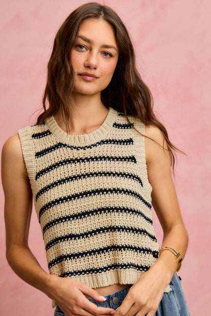 SO ME low gauge textured stripe sleeveless sweater top in Oatmeal/Black, styled photo (2)
