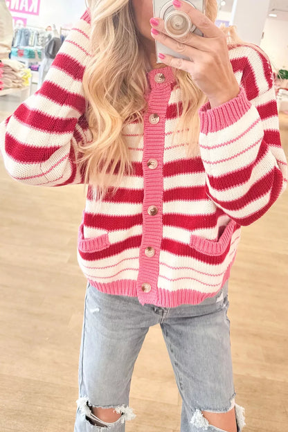 Stripe V Neck Long Sleeve Regular Fit Cardigan