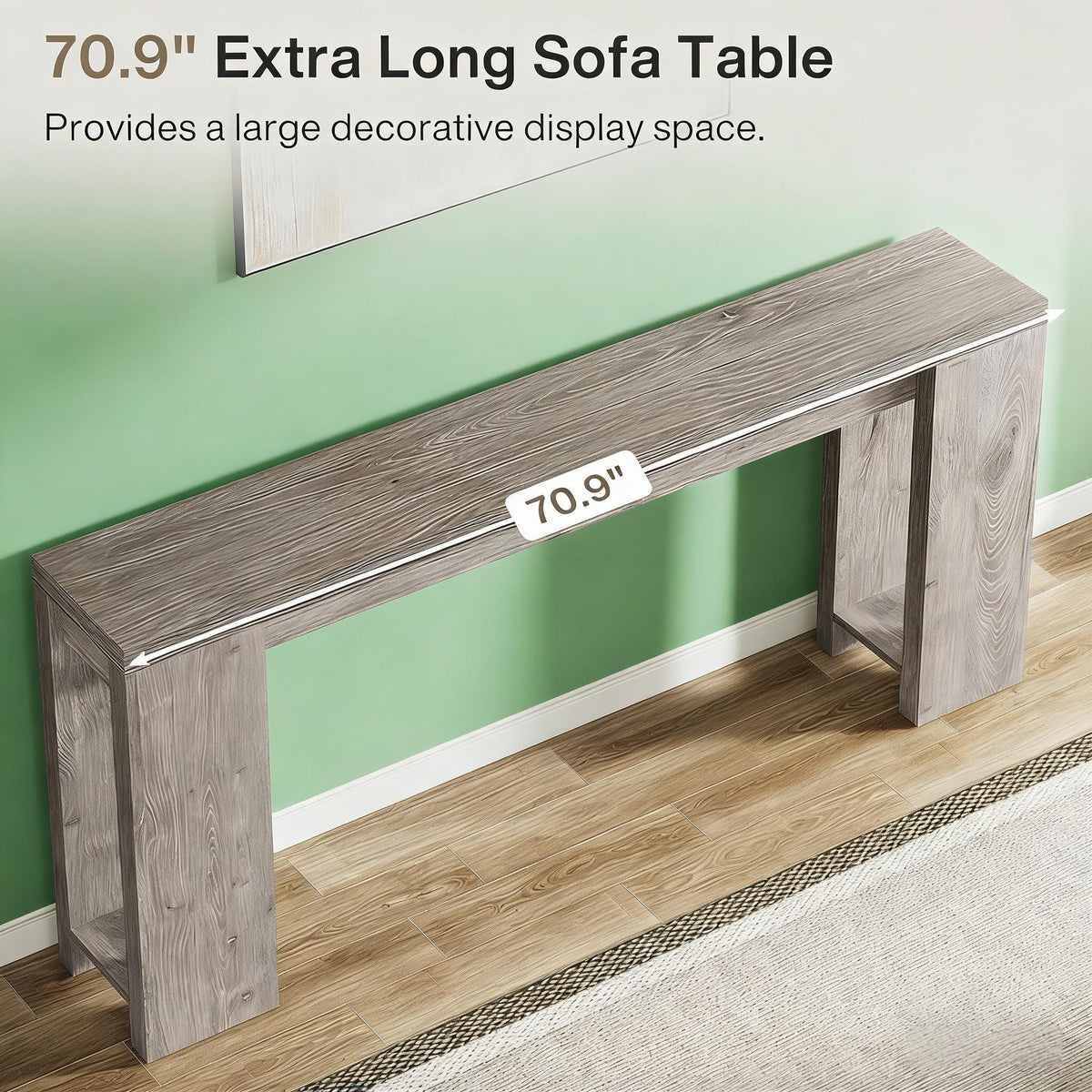 Console table shown along a living room wall