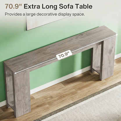 Console table shown along a living room wall