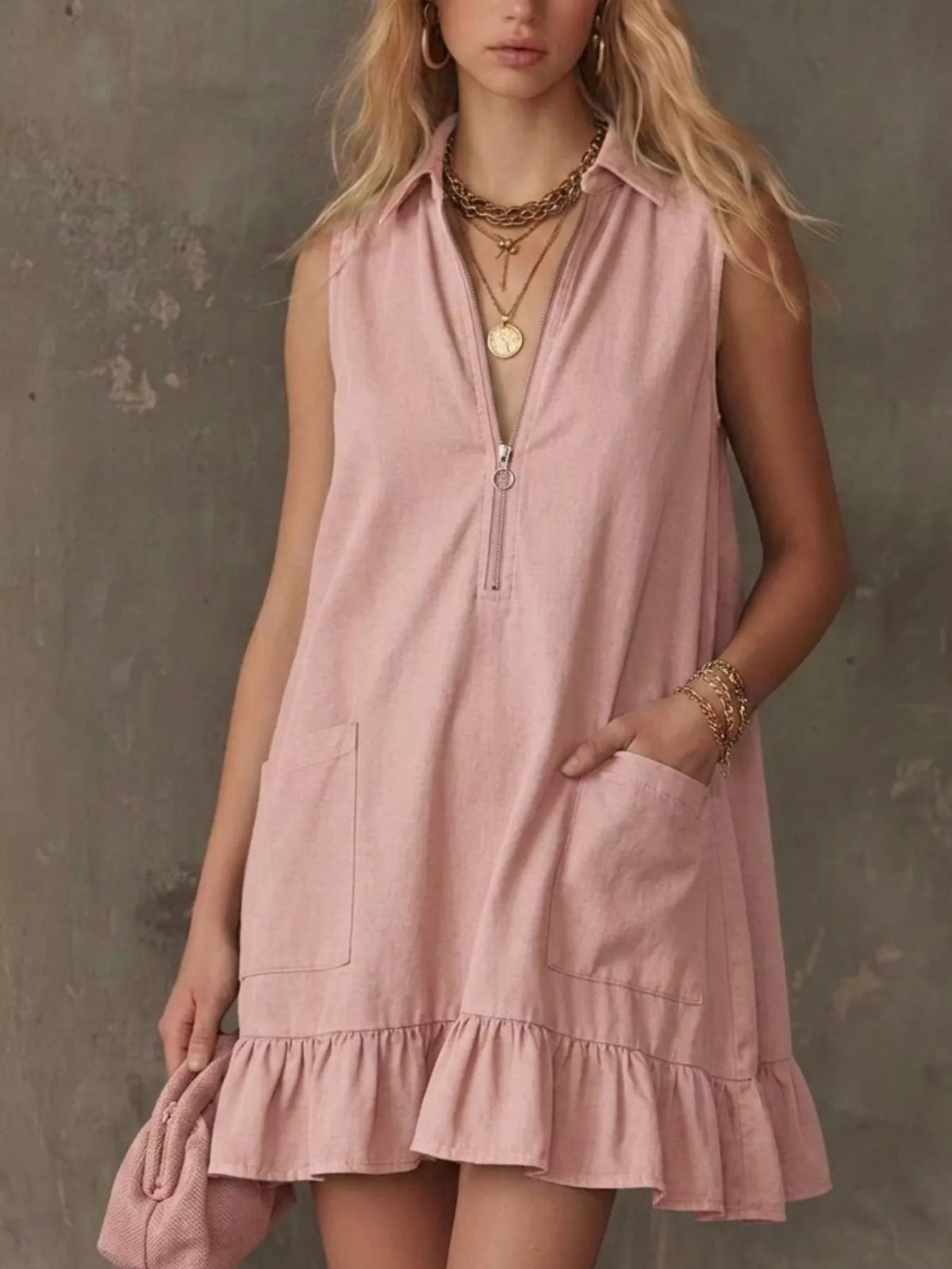 Sleeveless Collared Zip-Front Ruffle Hem Dress, additional detail (2)