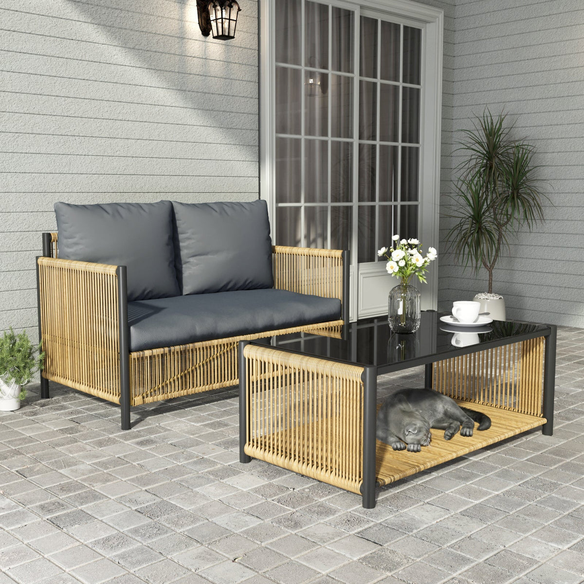 Outdoor PE Wicker 2-Seater Sofa Set with Table, product photo