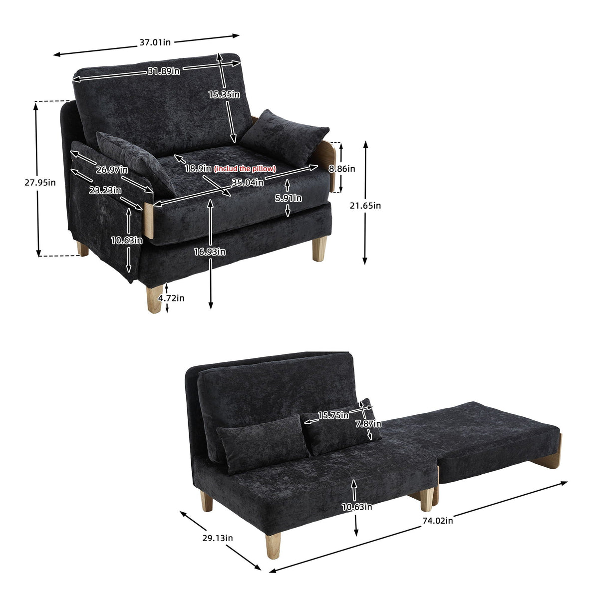 Foldable sofa bed measuring 29.13 inches deep (view 58)