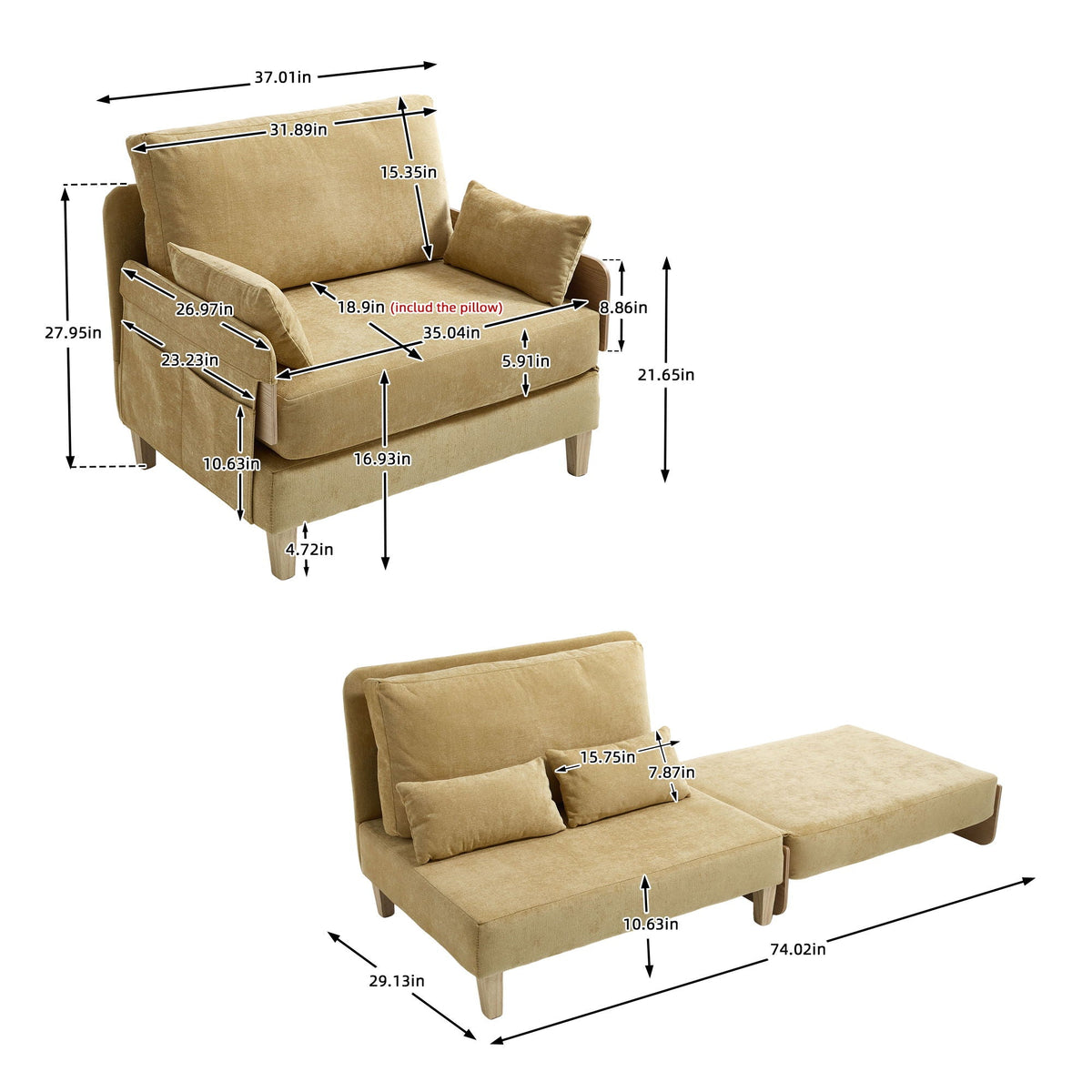 Convertible sleeper sofa bed, seat cushion detail (view 62)