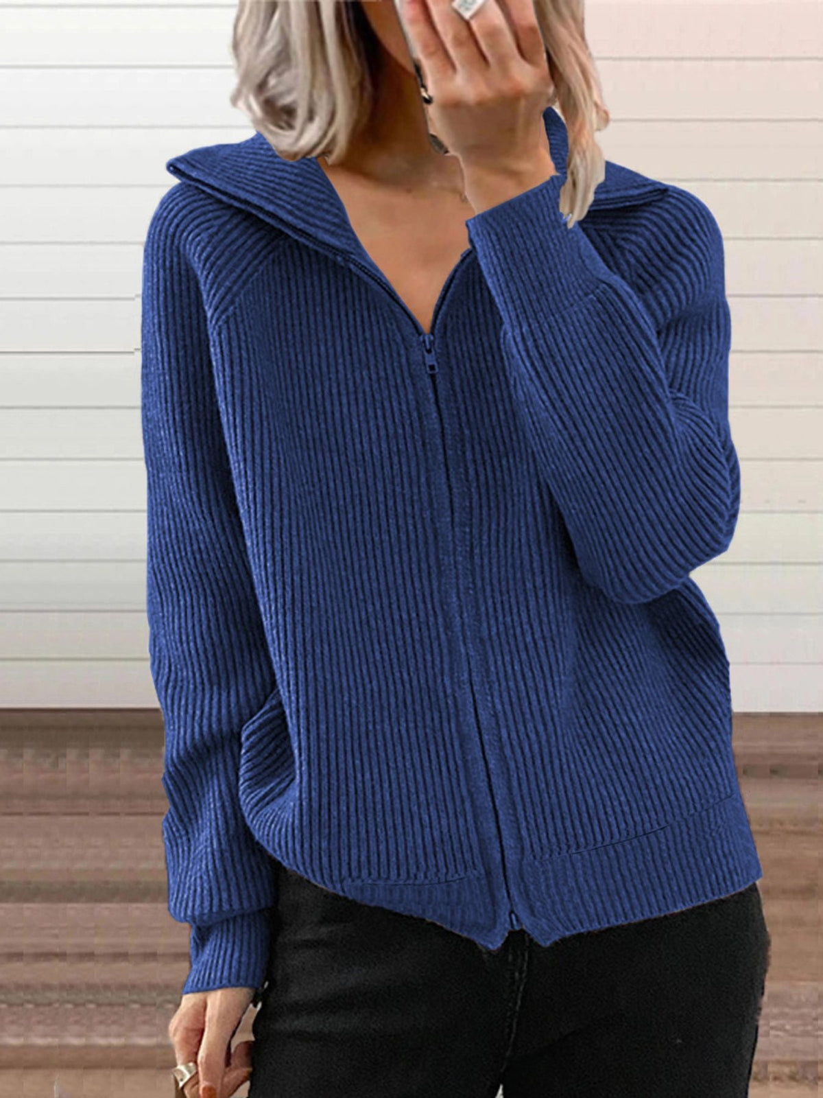 Ribbed Knit Zip-Up Outerwear, product photo (2)