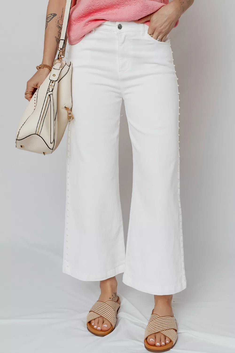 Pearl embellished side seam ankle-length shift jeans in White, alternate view
