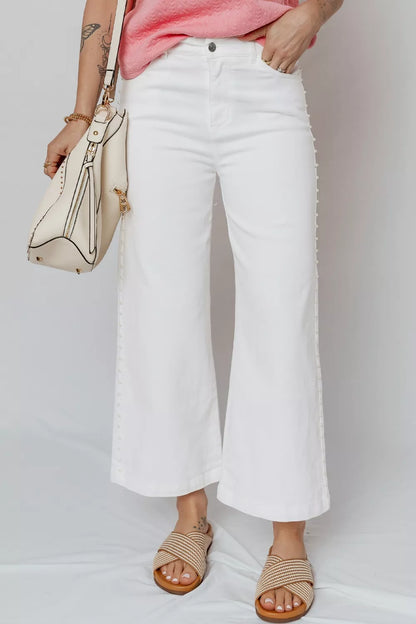 Pearl embellished side seam ankle-length shift jeans in White, alternate view