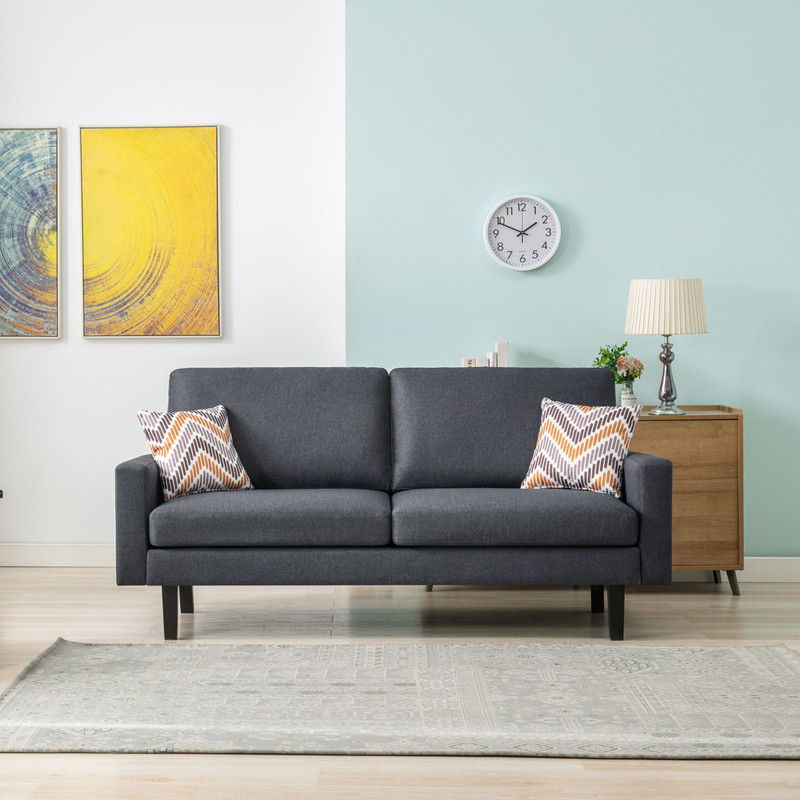 Bahamas minimalistic sofa with square armrests and two throw pillows