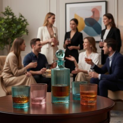 Group of people socializing in a stylish room with a blue glass decanter and tumblers on a table.