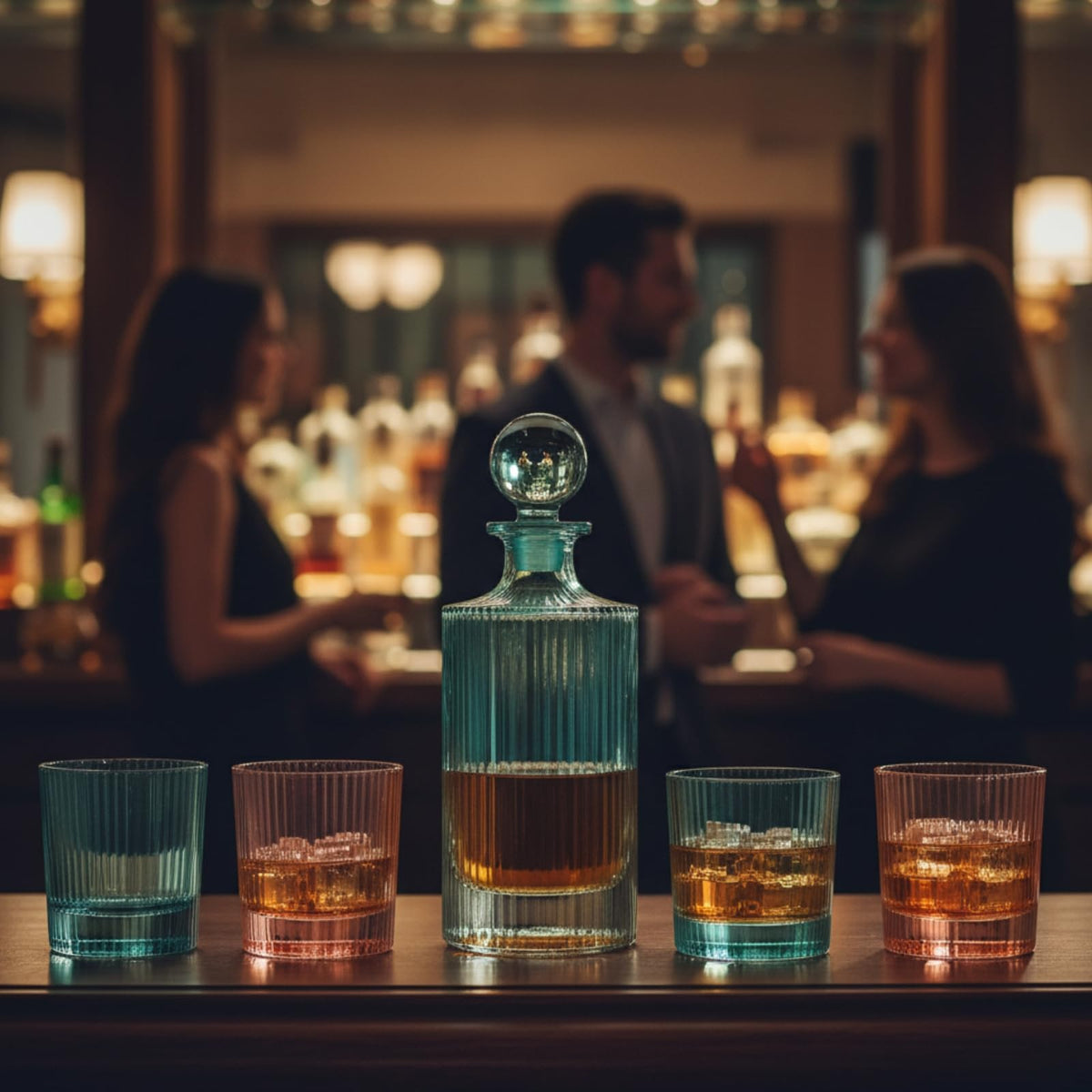 Bar setting with a decanter and glasses of whiskey, people in the background.
