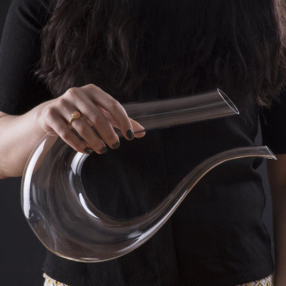 Person holding a clear glass vase with a long neck and wide base against a dark background
