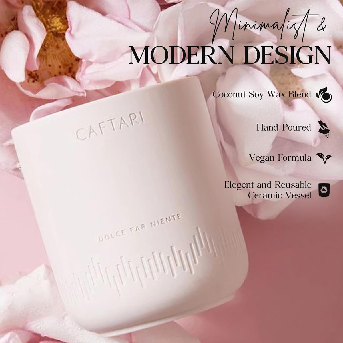 Dolce Far Niente candle in its ceramic vessel against a pink floral background