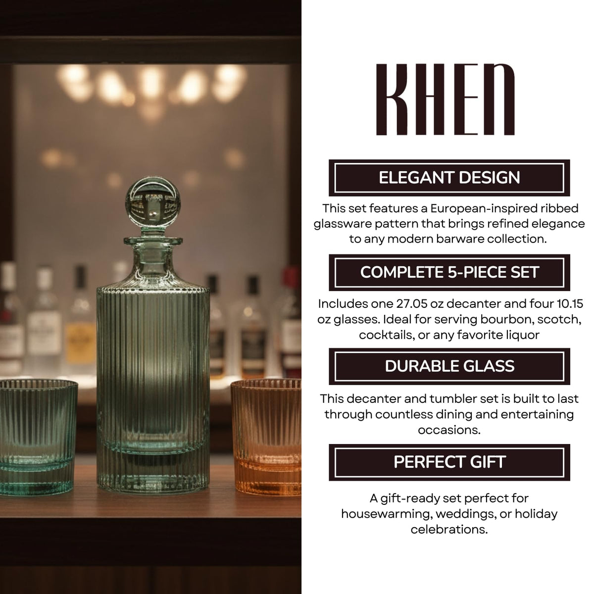 Green ribbed glass decanter and glasses on a bar counter with 'KHEN' branding and product details.