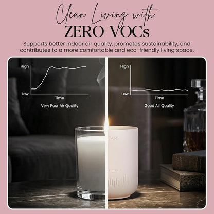 Dolce Far Niente candle beside a maker's information graphic on a pink background