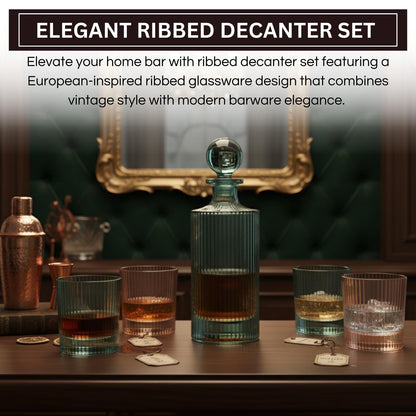 Elegant ribbed decanter set with glasses on a bar counter, featuring a European-inspired design.
