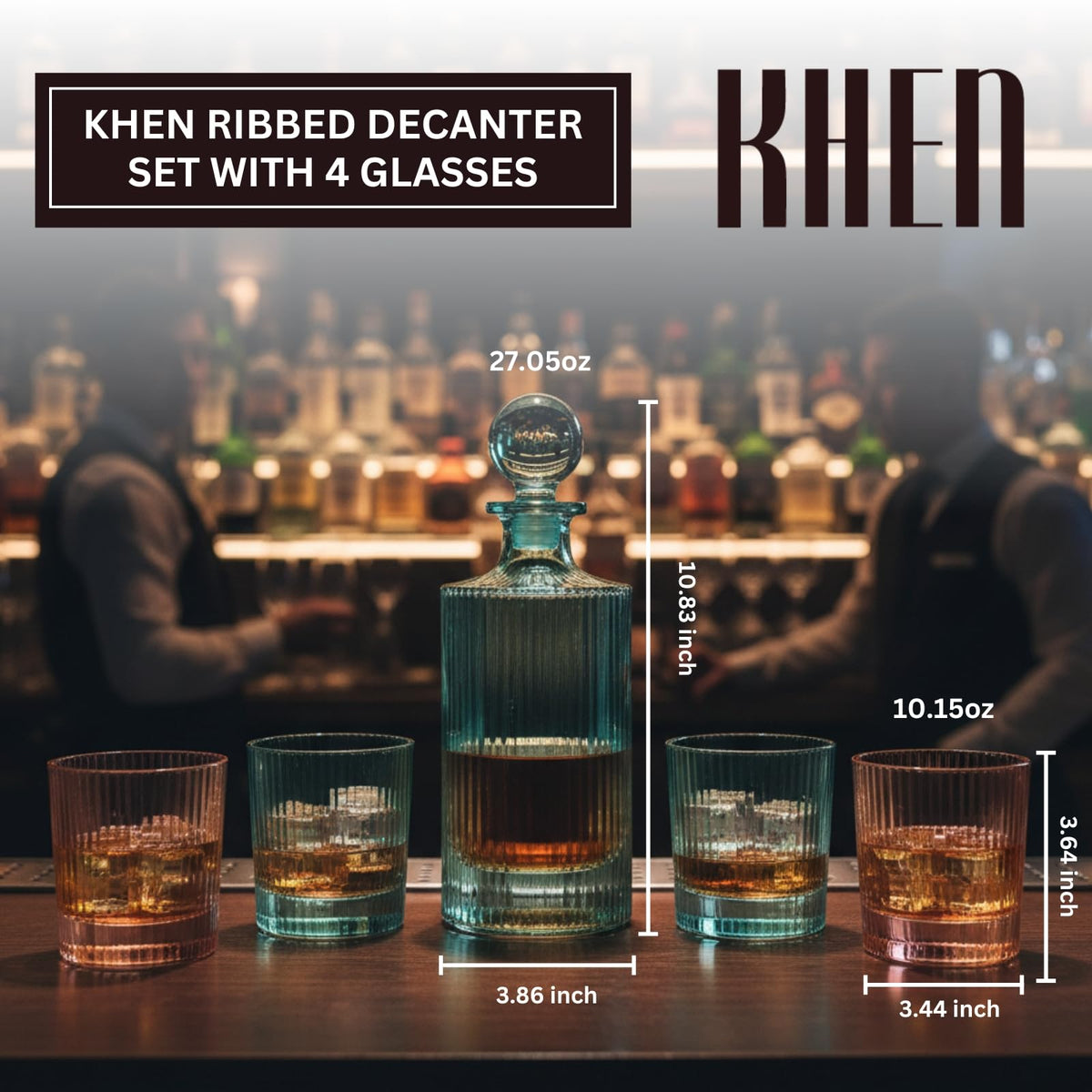Khen ribbed decanter set with four glasses on a bar counter, with measurements displayed.
