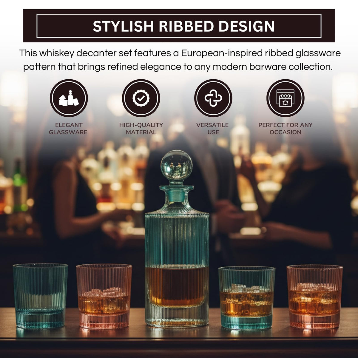 Whiskey decanter set with ribbed glassware on a bar counter, featuring text about design and features.