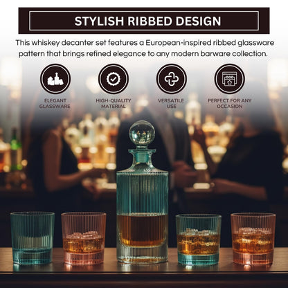 Whiskey decanter set with ribbed glassware on a bar counter, featuring text about design and features.