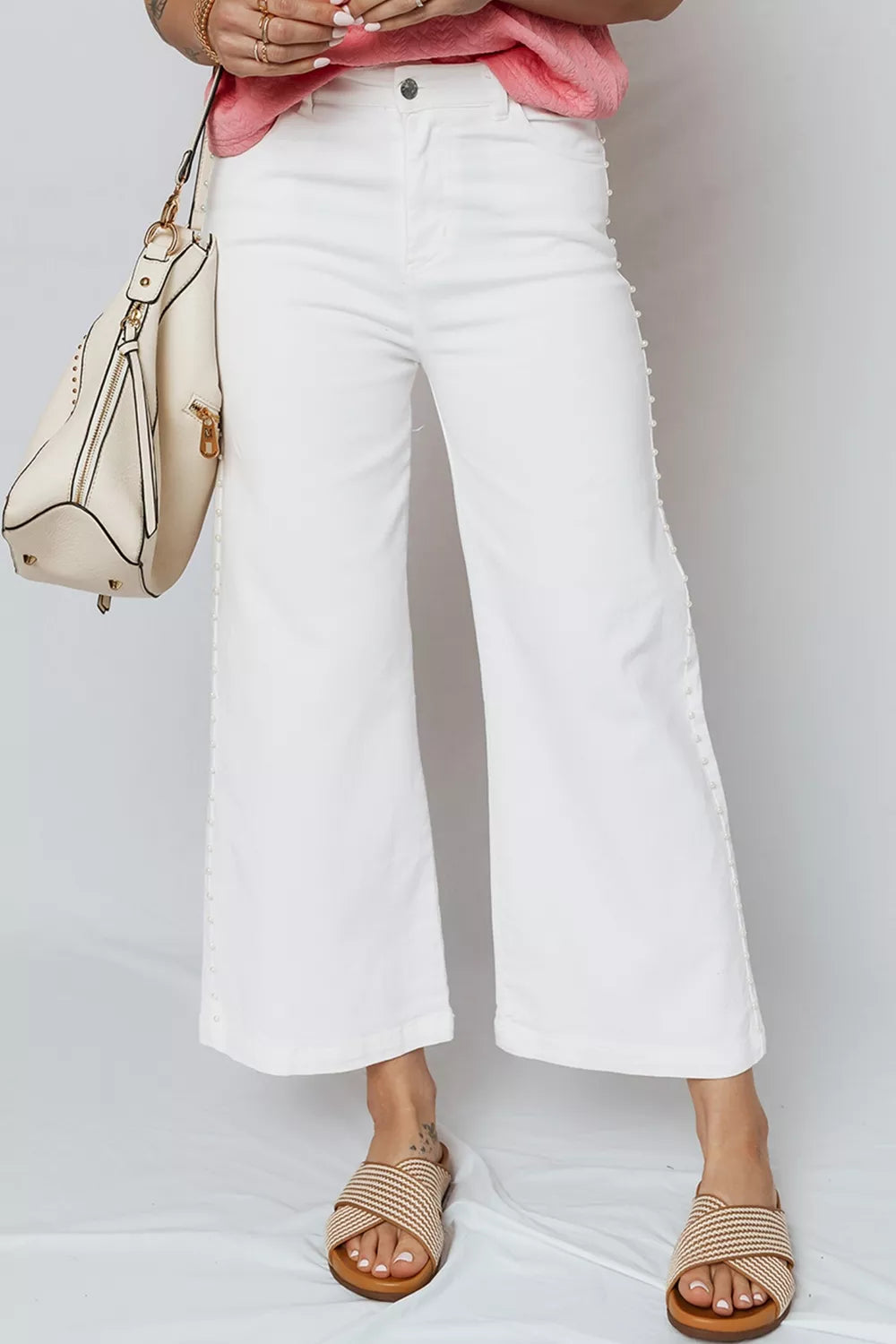 Pearl embellished side seam ankle-length shift jeans in White, product photo