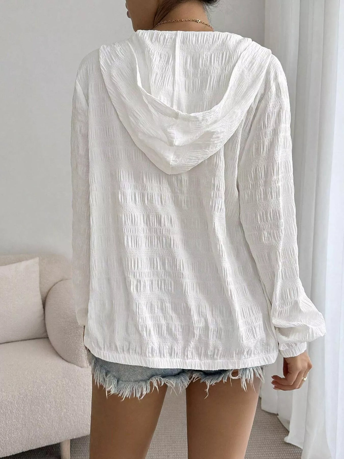 Lightweight Textured Hooded Jacket in White, alternate view