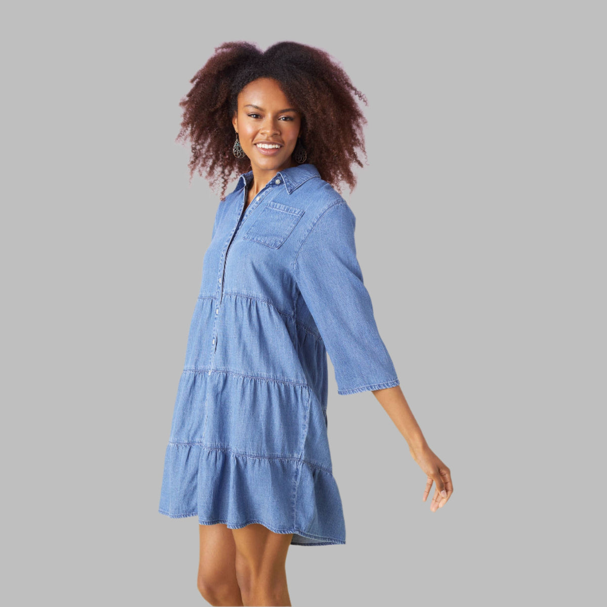 Fitkitty Culture Marisa tiered chambray dress in Medium Denim, front view