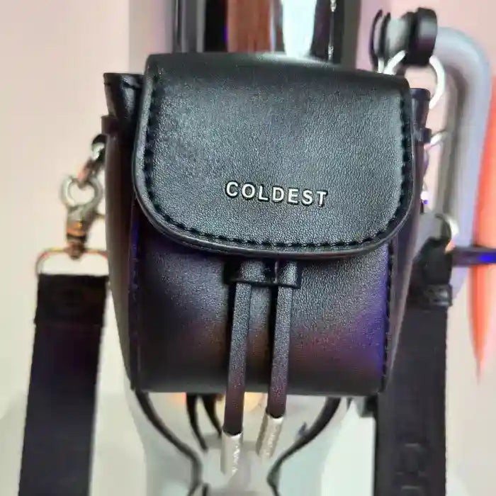 Black leather pouch with 'COLDEST' branding on a stand.