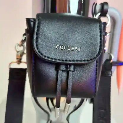 Black leather pouch with 'COLDEST' branding on a stand.