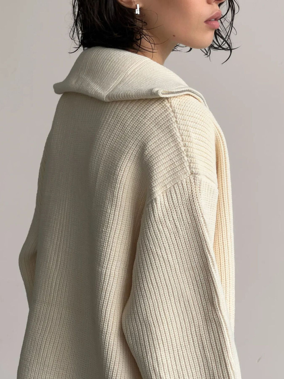 Zip-up ribbed knit cardigan, styled photo