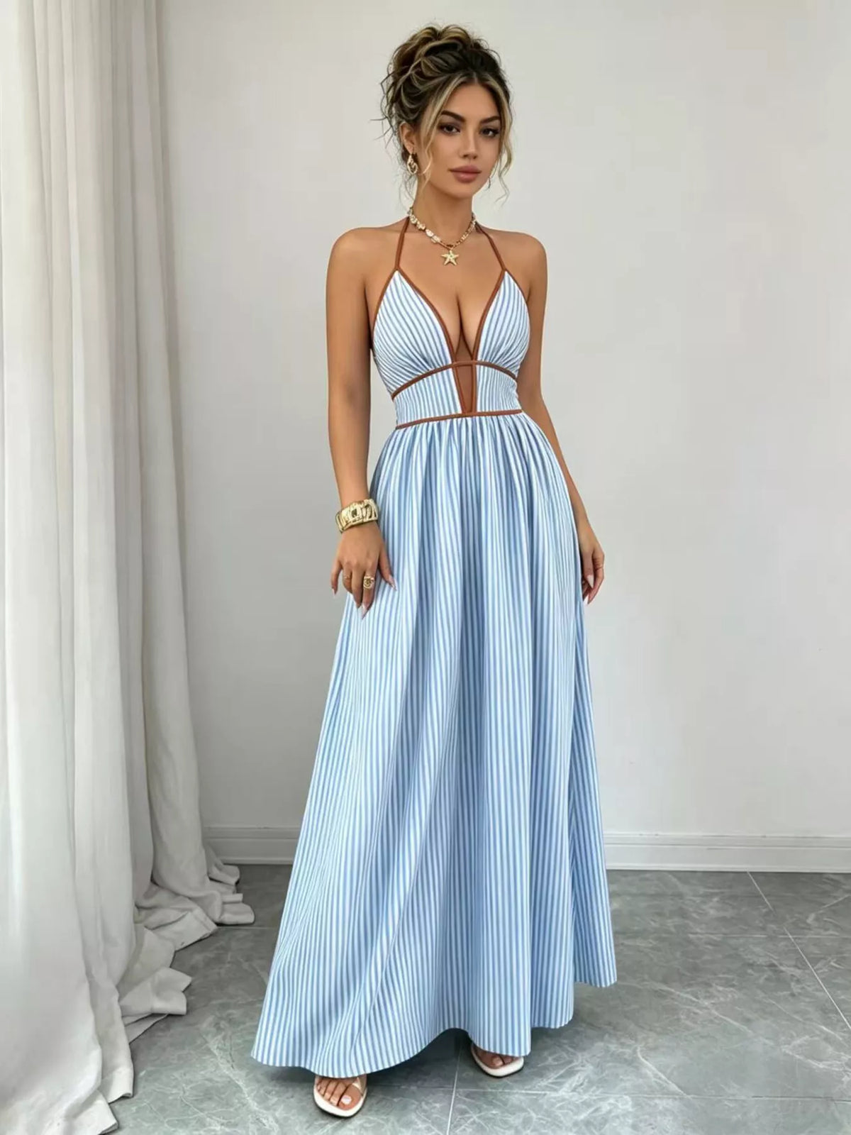 Striped Halter Neck Maxi Dress, styled photo