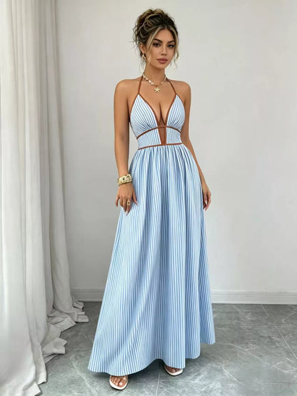 Striped Halter Neck Maxi Dress, styled photo