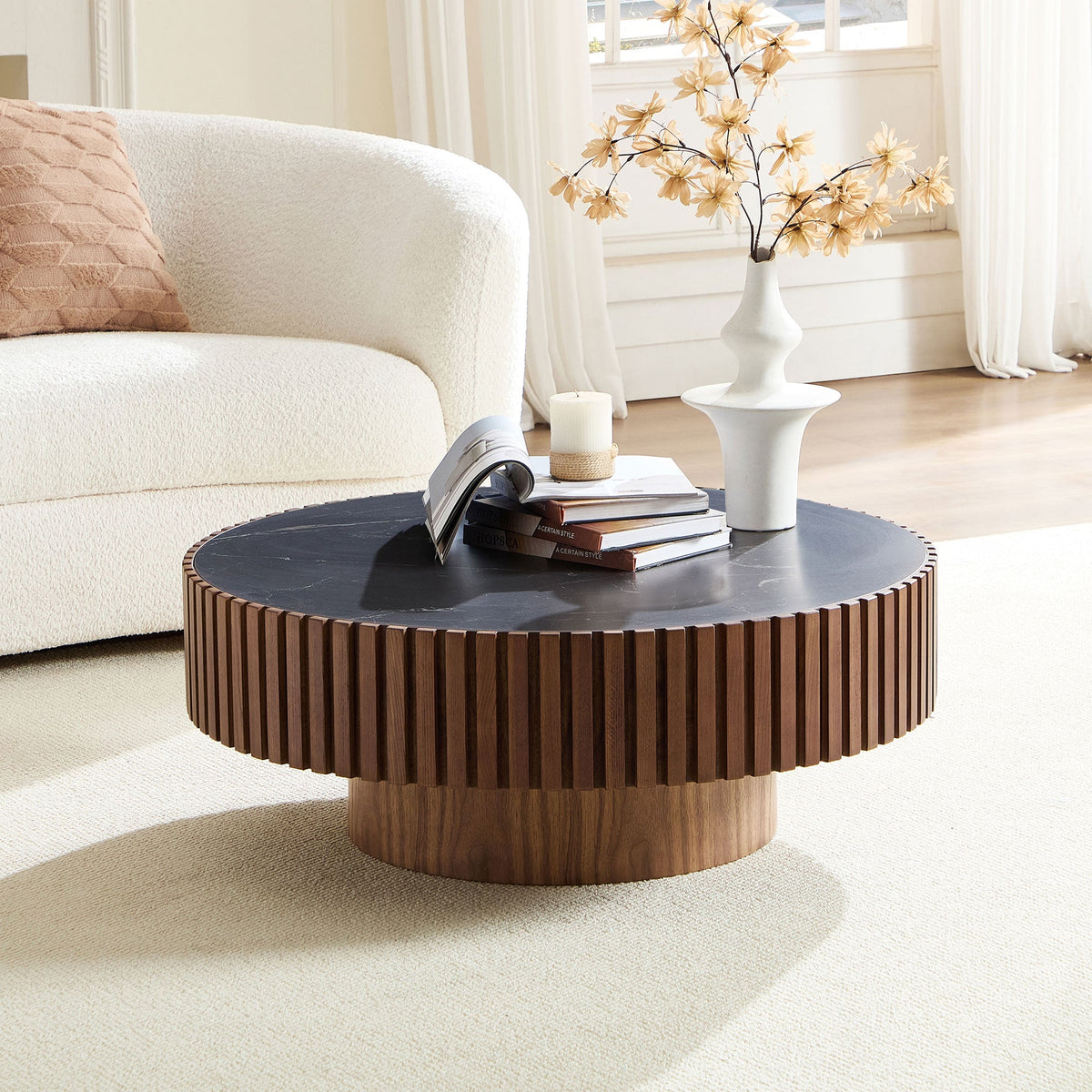 35.43-inch nesting round sintered stone coffee table with MDF pedestal base