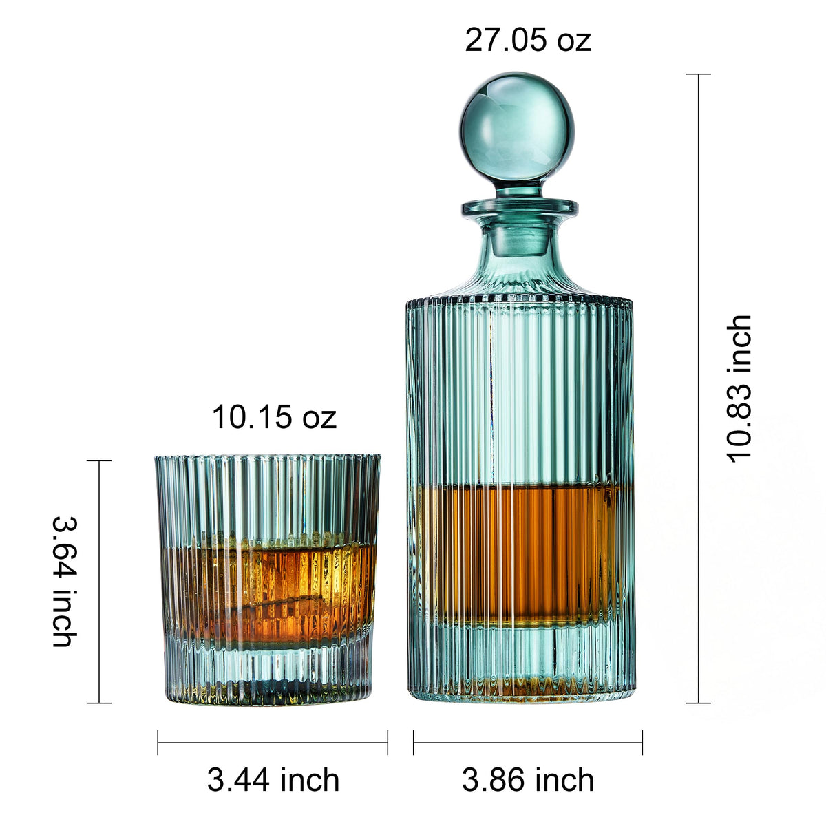 Teal glass decanter and tumbler with measurements on a white background