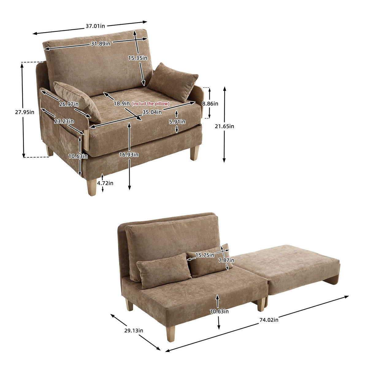 Mid century modern foldable sofa bed, rear view (view 76)