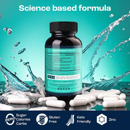 Supplement bottle with tablets on a water splash background, emphasizing a science-based formula.