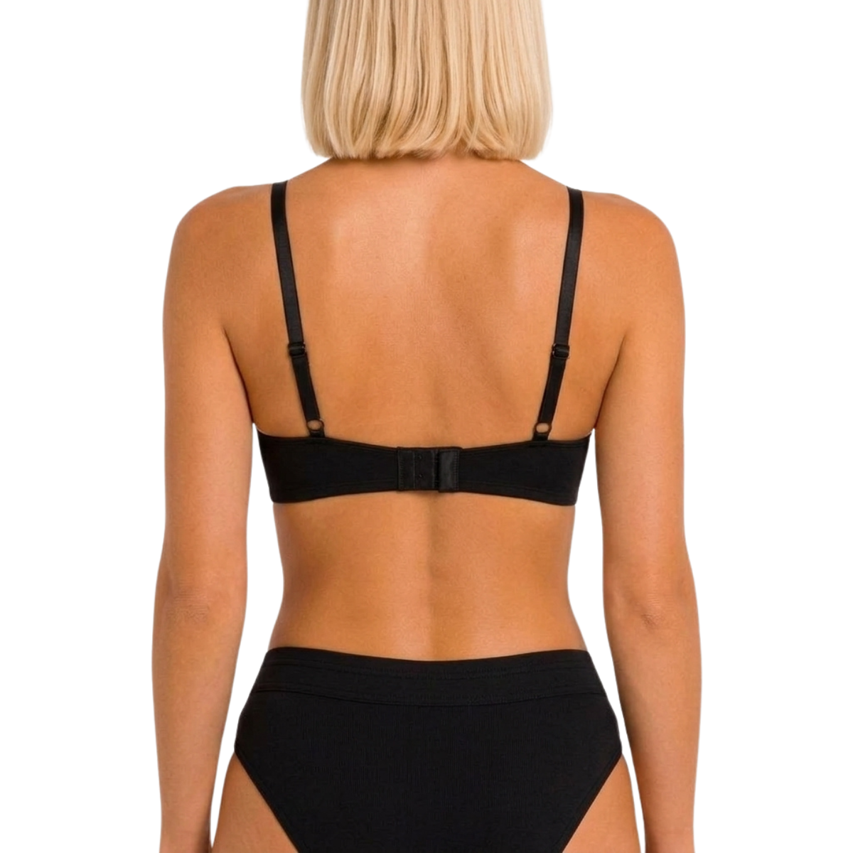 Rear view of a model wearing a black strappy bralette and matching black bottoms against a plain white background.