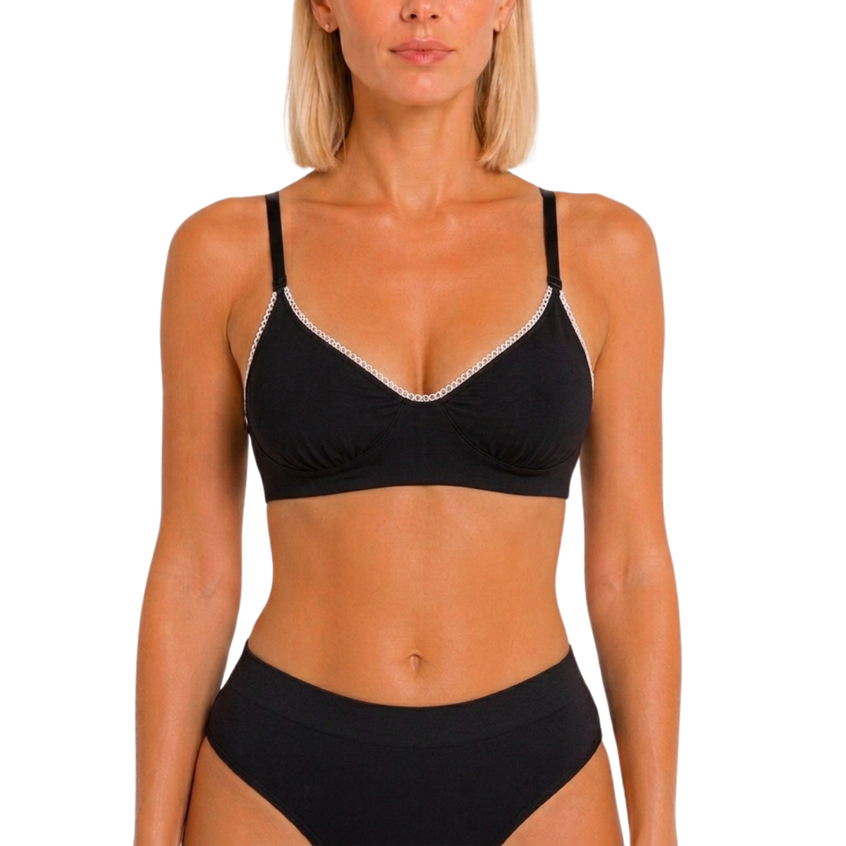 A woman modeling a black bikini top and matching black bikini bottoms against a plain white background.
