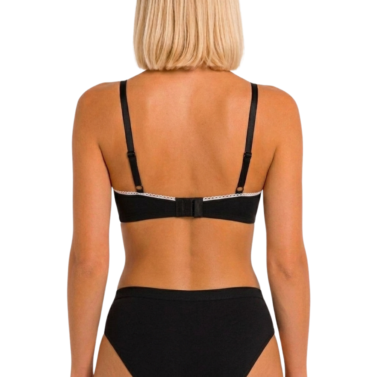 Back view of a woman wearing a black bralette with thin adjustable straps and a thin white decorative trim, paired with black underwear, against a plain white background.