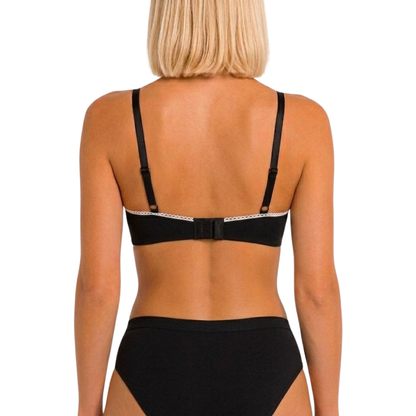 Back view of a woman wearing a black bralette with thin adjustable straps and a thin white decorative trim, paired with black underwear, against a plain white background.