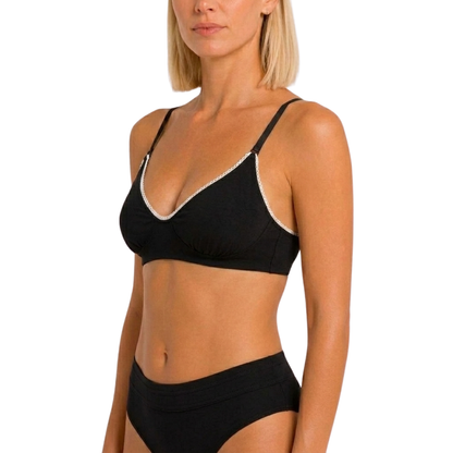 A woman wearing a black bralette with white trim and matching black underwear, shown against a plain white studio background.